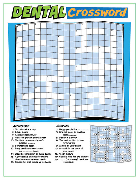 Kid's crossword puzzle featuring dental hygiene vocabulary and questions