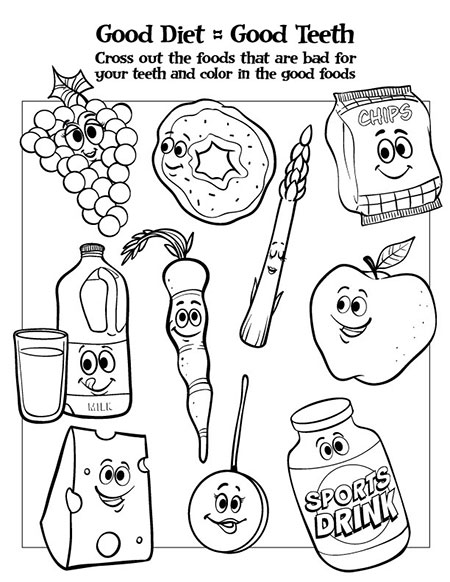 Kid's coloring page reinforcing good diet choices for dental hygiene