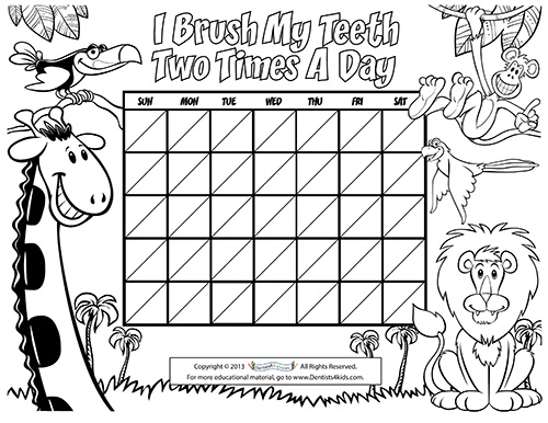 Kid's calendar for tracking teeth brushing in black and white