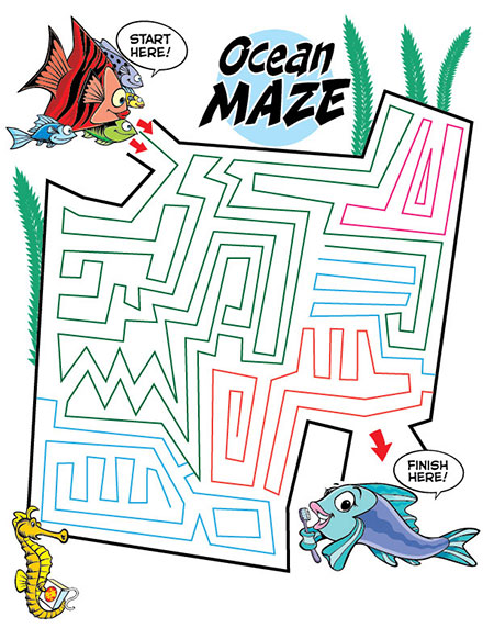 a kid's maze featuring fish and ocean theme (and good dental hygiene)