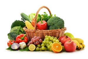 a picture of a food basket with fruits and vegetables