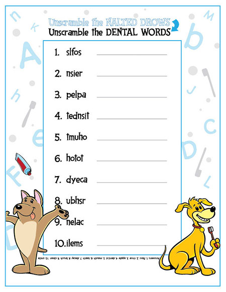 kid's word scramble in color featuring two dogs with tooth brushes